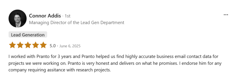 Original client feedback screenshot from Connor Addis, supporting the paraphrase on this page.